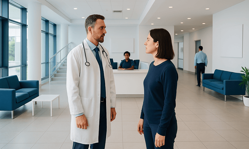 Doctor consulting a patient in a modern hospital lobby.
