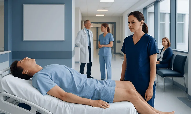 Medical professionals examining a patient in a hospital room.