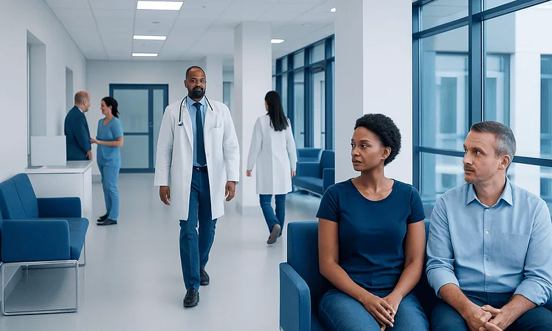 Medical professionals and patients in a modern hospital waiting area.