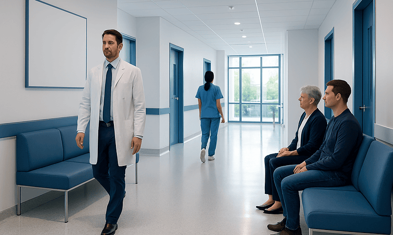 Doctor walking in hospital corridor with patients seated nearby.