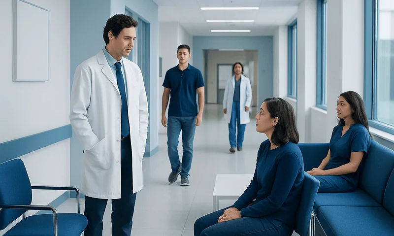 Medical team consulting patients in hospital corridor at Acibadem Hospitals Group.