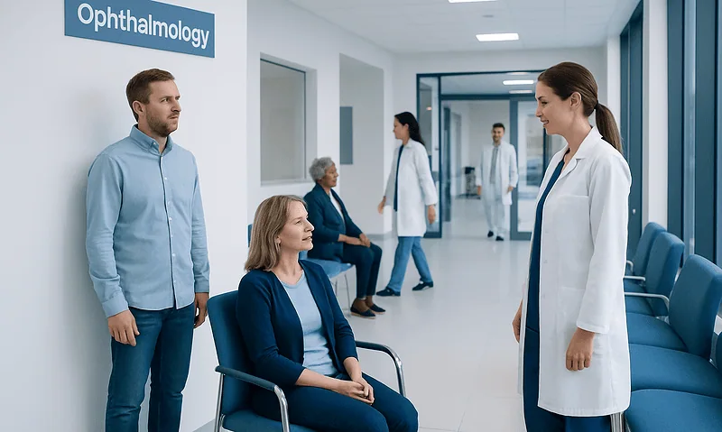 Ophthalmology clinic with patients and doctors in a modern hospital corridor.