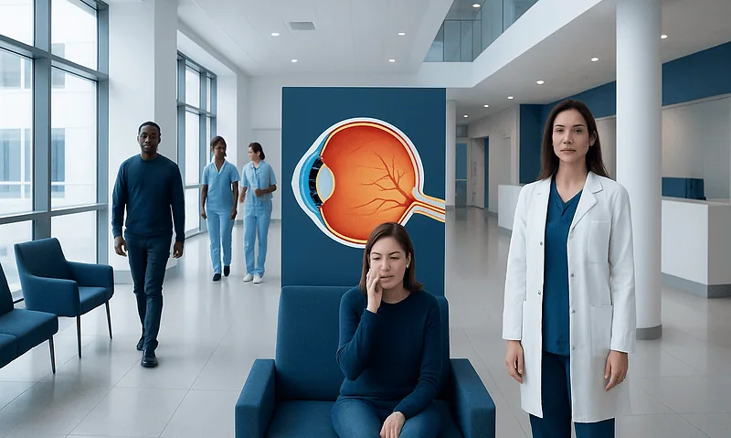 Patient with eye pain in hospital waiting area with eye anatomy display.