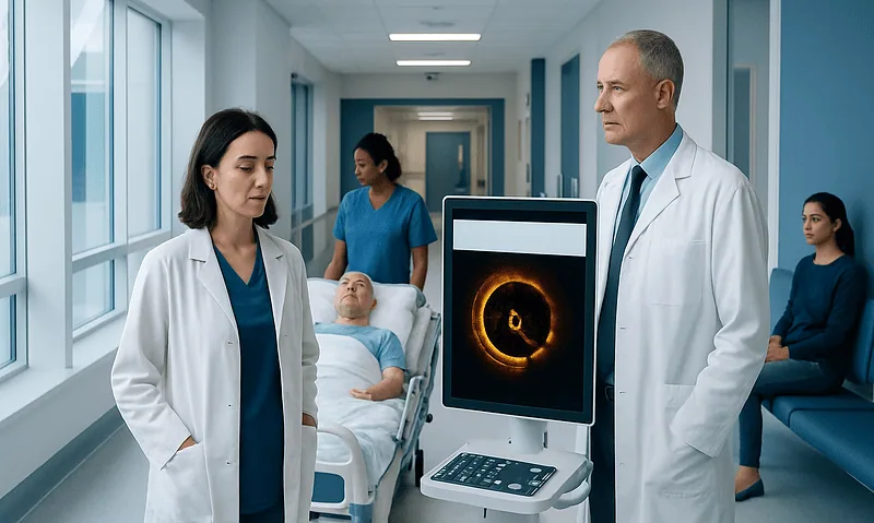 Doctors discussing artery imaging in hospital corridor with patient bed nearby.