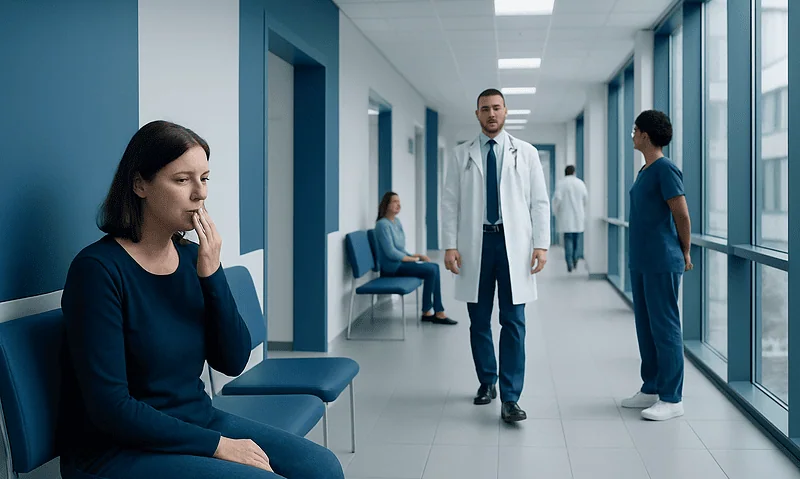 Patient waiting in hospital corridor with medical staff nearby.