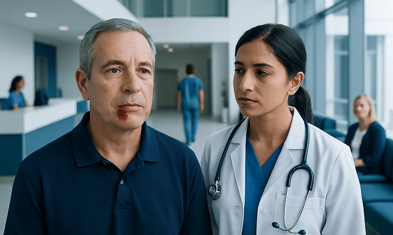 Doctor consulting with a male patient in a hospital lobby.