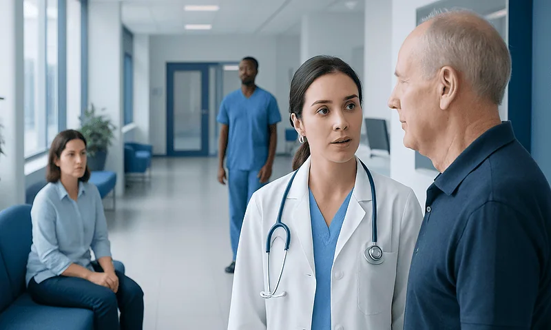 Doctor consulting with an elderly patient in a hospital corridor.