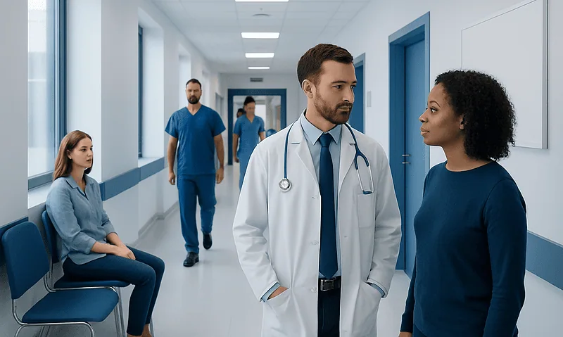 Medical professionals consulting in hospital corridor with patient waiting nearby.
