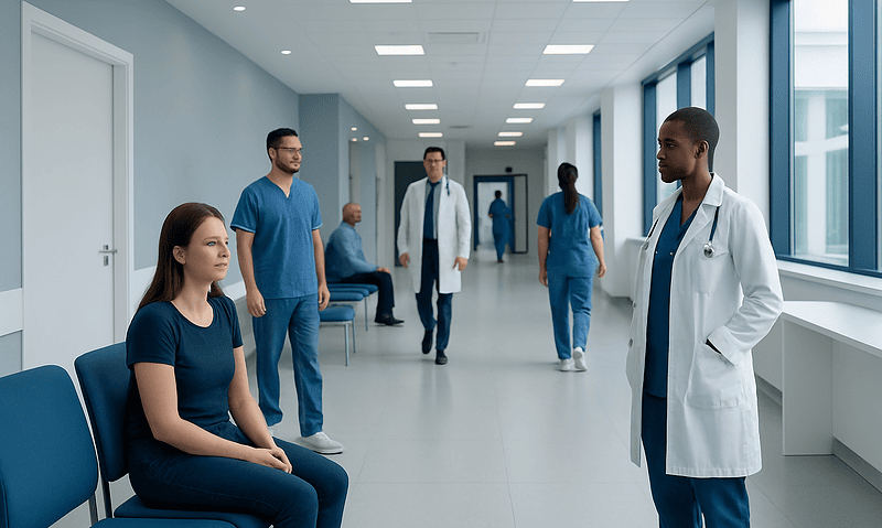 Medical professionals and patient in a hospital corridor at Acibadem Hospitals Group.