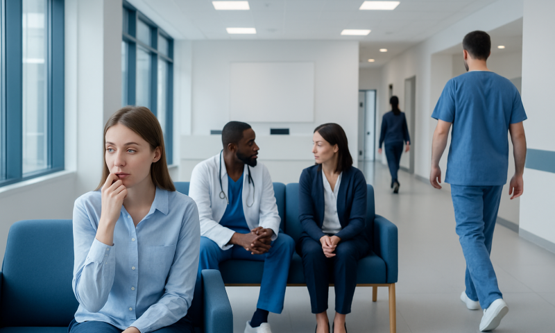 Medical consultation in a hospital waiting area with patients and healthcare professionals.