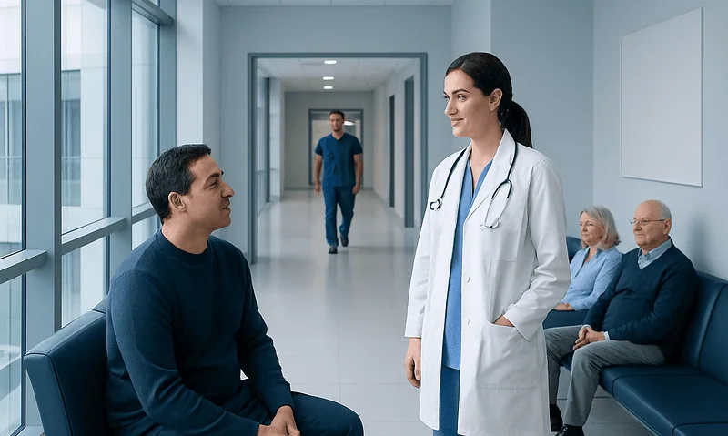 Doctor consulting with patient in hospital corridor with waiting area.