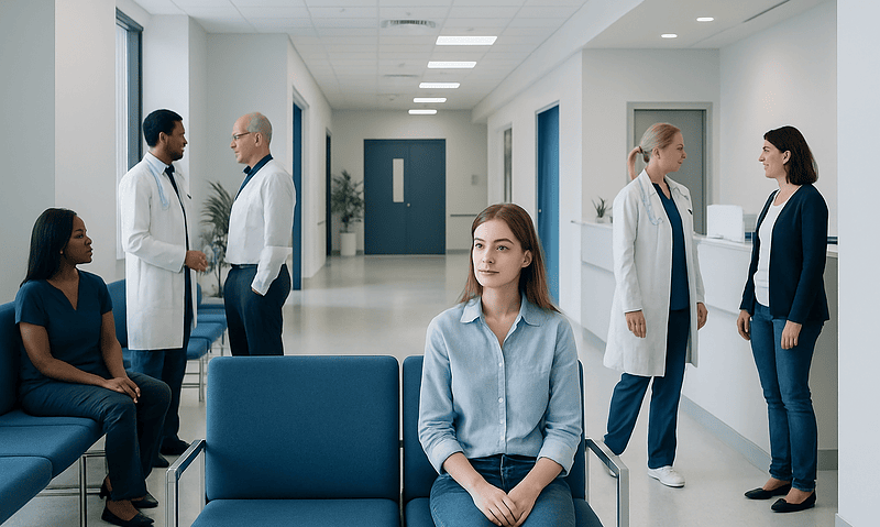 Medical clinic waiting area with healthcare professionals and patients.