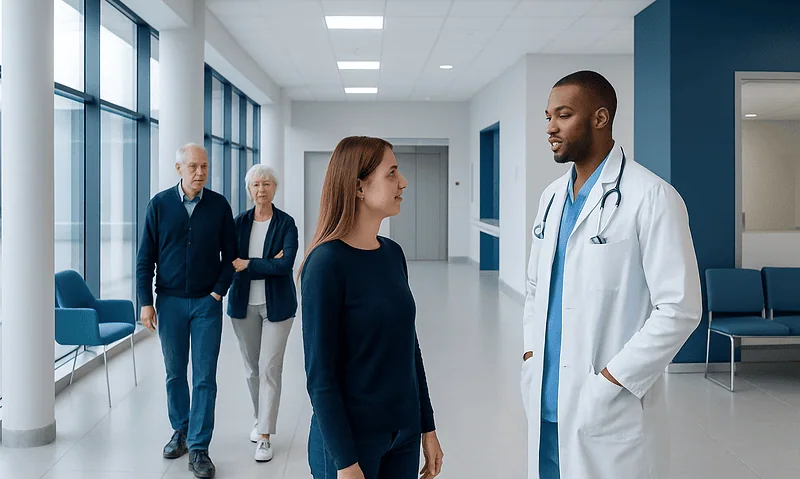 Doctor talking to a patient in a modern hospital corridor.