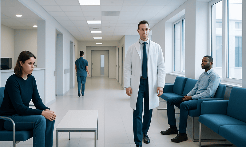 Medical consultation in a modern hospital corridor with patients and doctor.