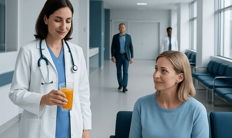 Doctor offering orange juice to patient in hospital corridor.