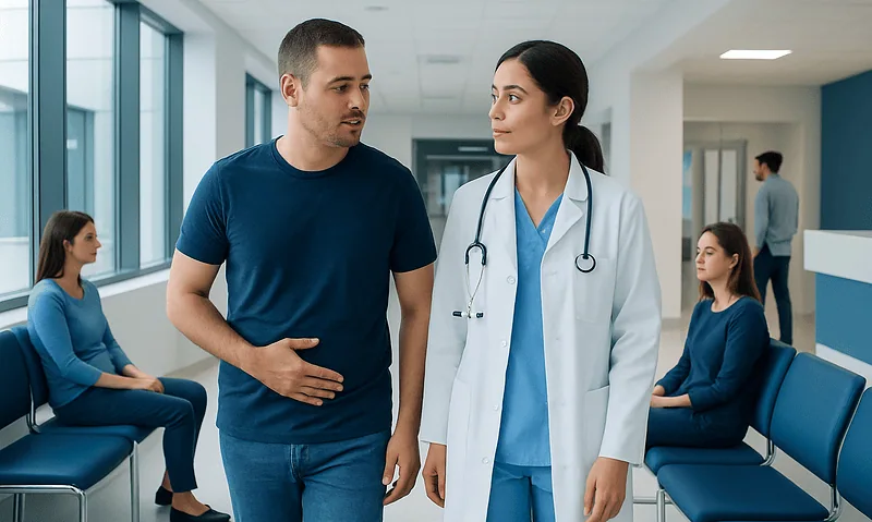 Doctor talking to patient in hospital corridor with waiting patients.