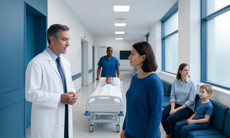 Doctor consulting a mother in hospital corridor with children and patient bed in background.