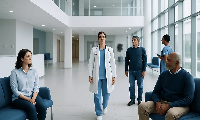 Medical team and patients in a modern hospital lobby.