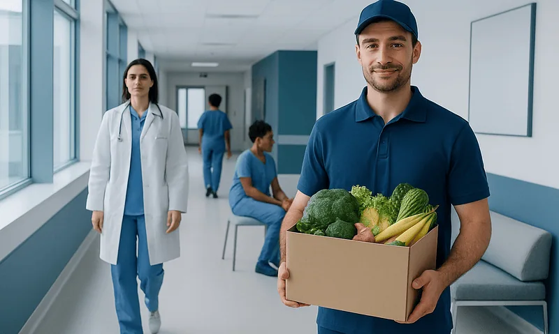 Hospital staff with a delivery person holding a box of fresh vegetables.