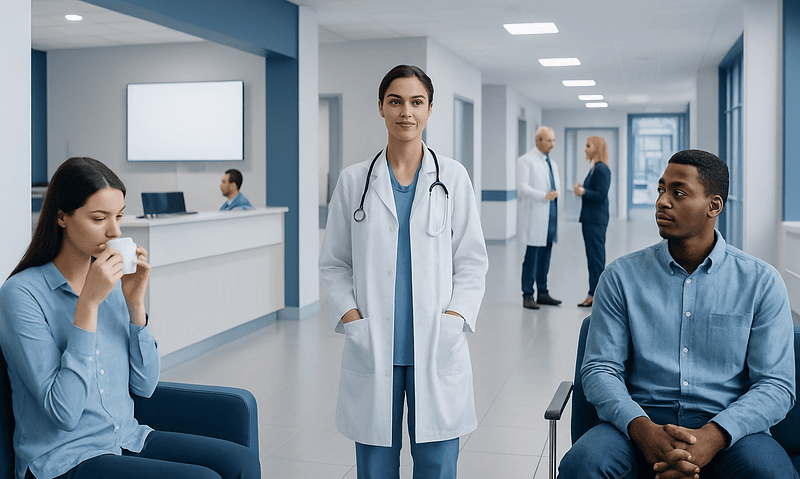 Healthcare professionals and patients in a modern hospital corridor.