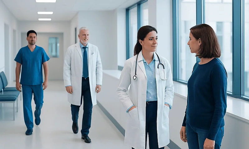 Medical professionals and a patient in a hospital corridor at Acibadem Hospitals Group.