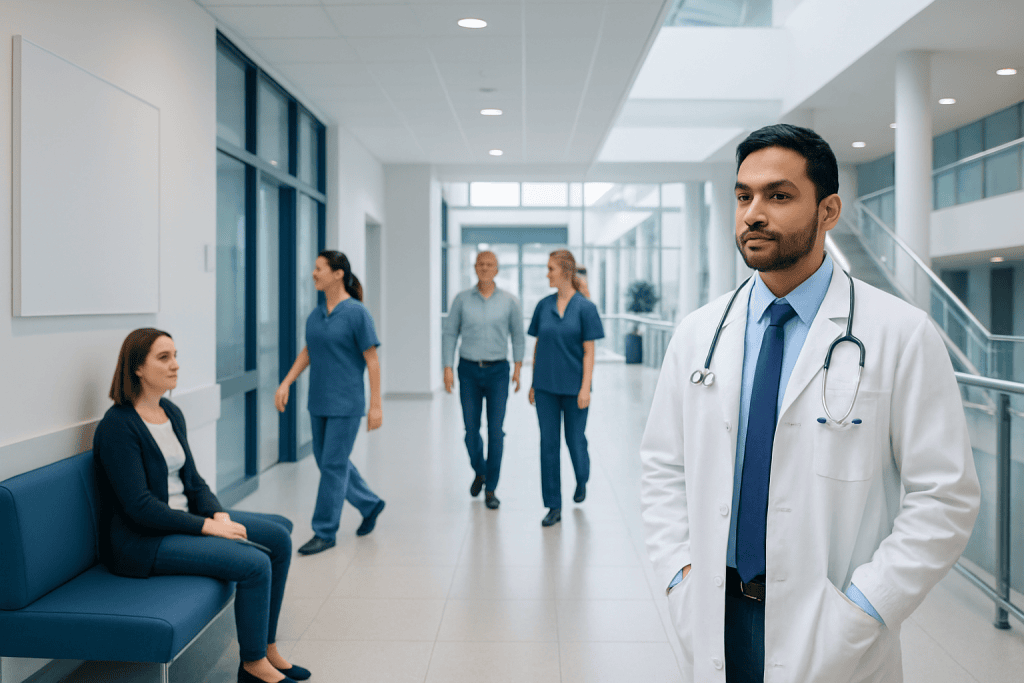 Organic turmeric: What the Evidence Actually Says About Benefits and Risks 1 Healthcare professionals and a doctor in a modern hospital corridor.