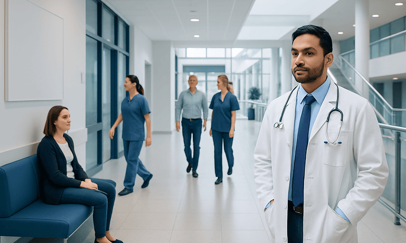 Healthcare professionals and a doctor in a modern hospital corridor.