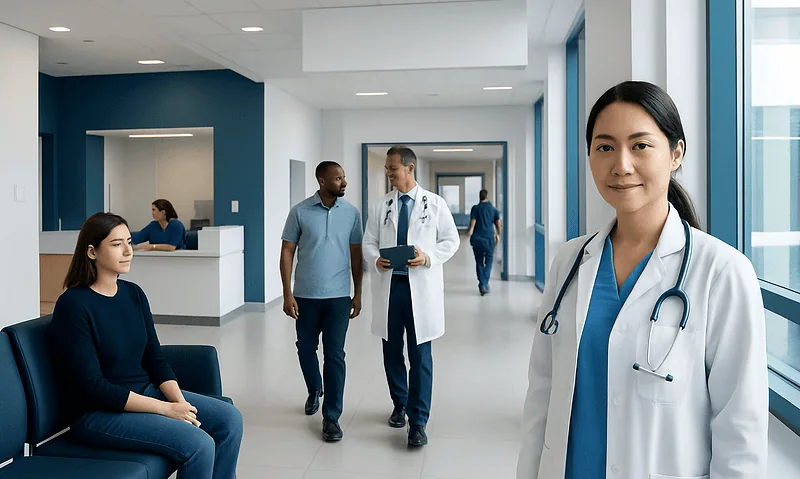 Healthcare professionals and patient in a modern hospital corridor.