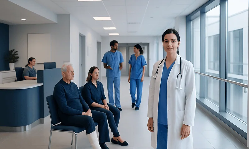 Healthcare professionals and patients in a modern hospital corridor.