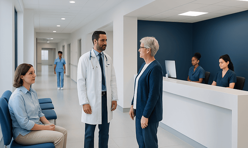 Orphenadrine — Explained by Medical Evidence, Not Myths 4 Doctor talking to elderly patient in hospital corridor with staff in background.