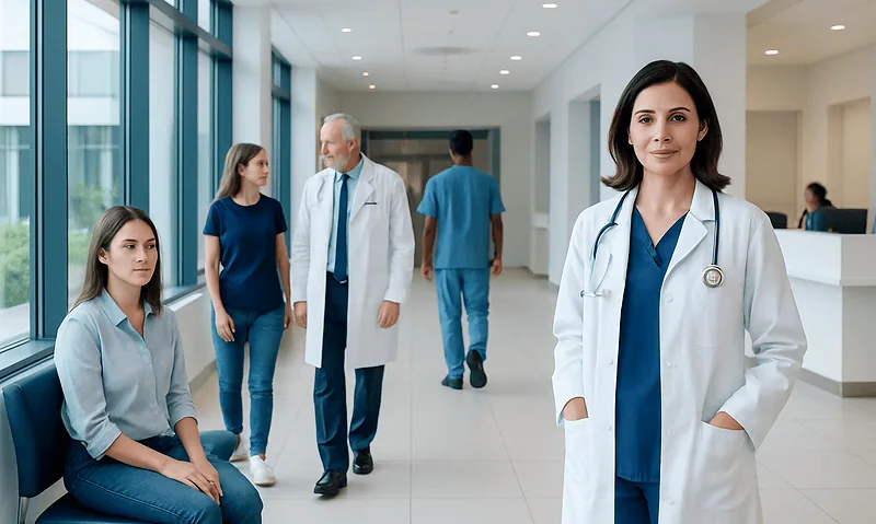 Healthcare professionals and patients in a modern hospital corridor.
