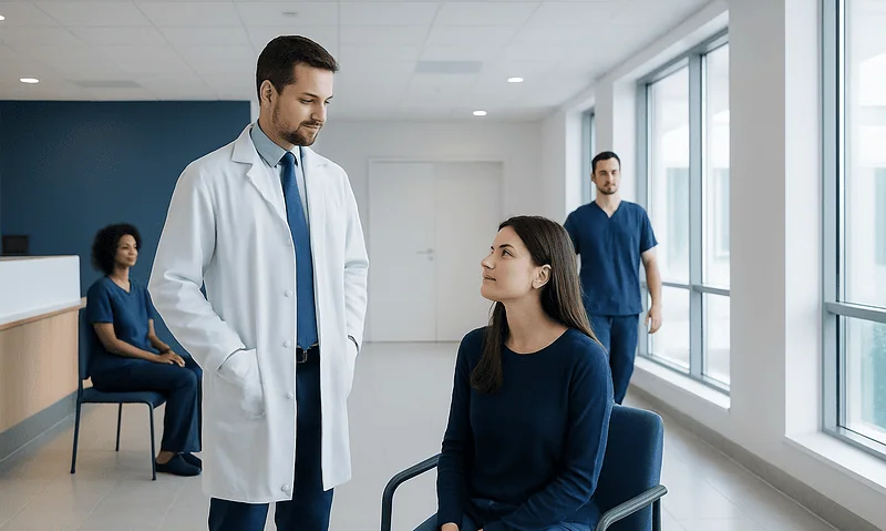 Doctor consulting with a patient in a modern hospital corridor.