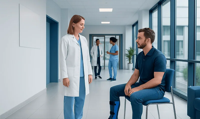 Doctor consulting with a patient in a hospital corridor.