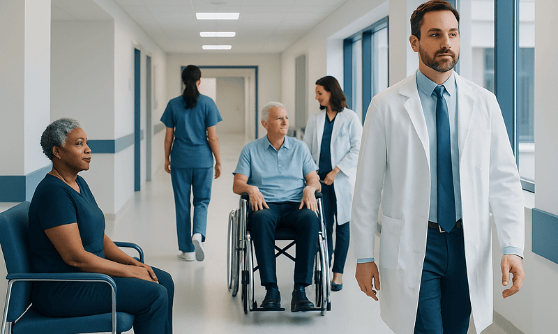 Medical team with patients in hospital corridor at Acibadem Hospitals Group.