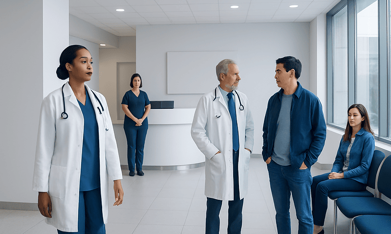 Medical team discussing patient care in hospital corridor.