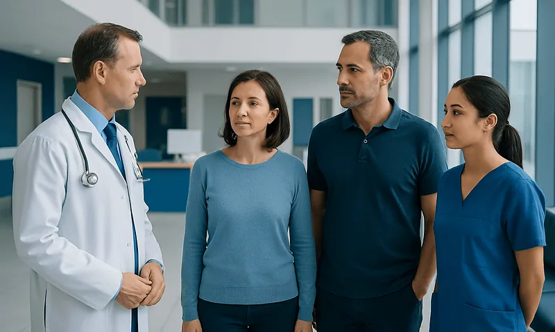Medical team consulting with patient in hospital lobby.