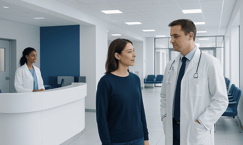 Doctor consulting with a female patient in a modern hospital corridor.