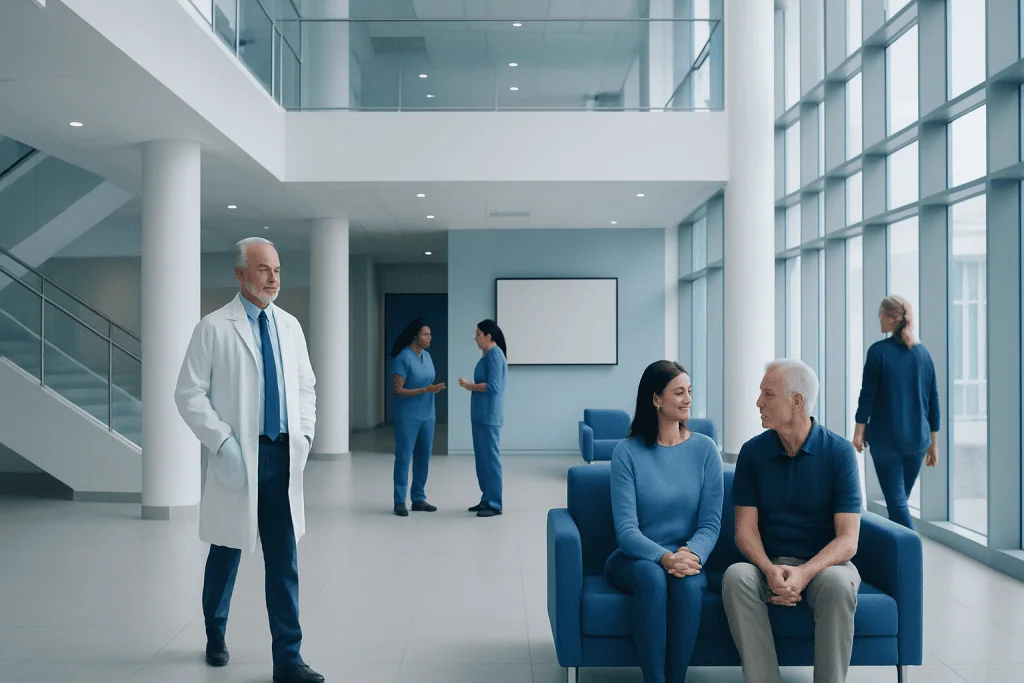 Osteo Bi Flex: What Patients Need to Know 1 Modern hospital lobby with doctors and patients engaging in consultation and waiting areas.