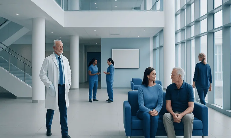 Modern hospital lobby with doctors and patients engaging in consultation and waiting areas.