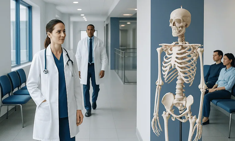 Medical professionals in a hospital corridor with a skeleton model for education.