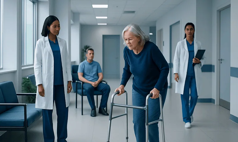 Elderly woman using walker with medical staff in hospital corridor.
