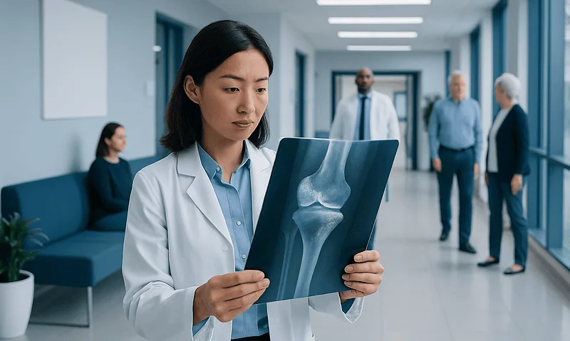 Doctor examining an X-ray of a knee joint in a hospital corridor.