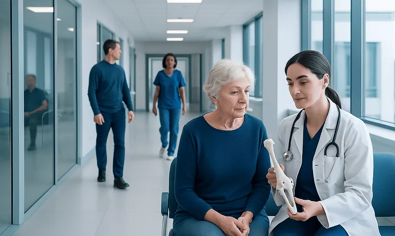 Doctor explaining bone health to elderly woman in hospital corridor.
