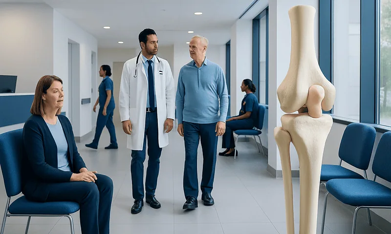 Medical consultation in hospital corridor with anatomical knee model.