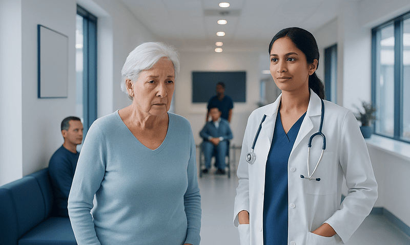 Doctor consulting elderly woman in hospital corridor for osteoporosis care.