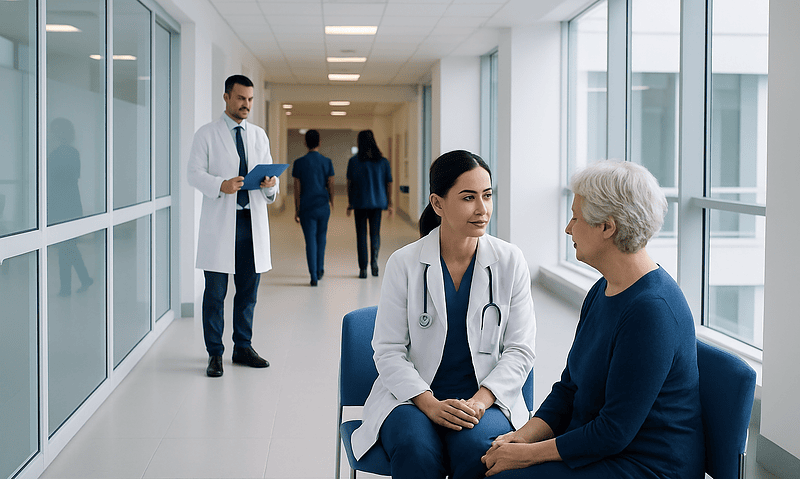 Doctor consulting with elderly patient in hospital corridor.