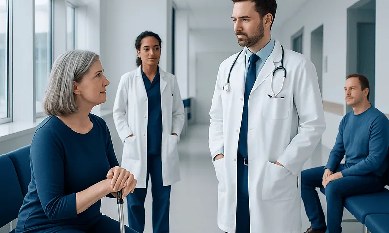 Doctor consulting with elderly patient in hospital corridor.