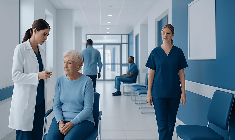 Healthcare professionals and elderly patient in hospital corridor.