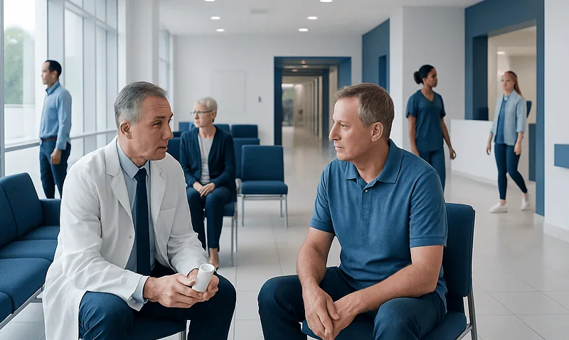 Doctor consulting male patient in hospital waiting area.