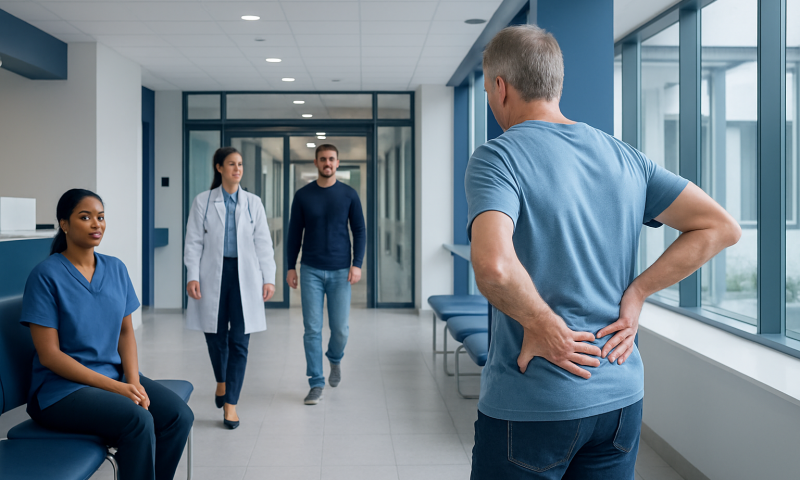 Patient consulting with medical staff in hospital corridor.